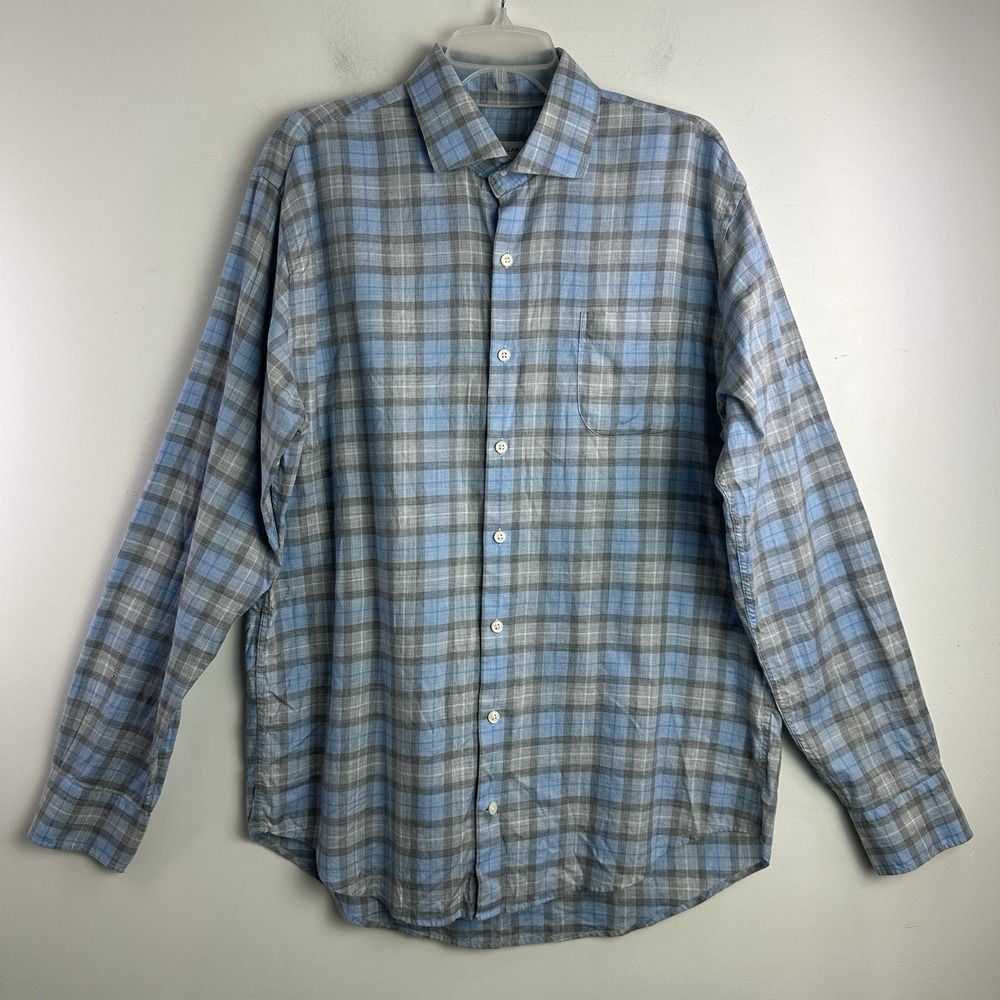 Peter Millar Shirt Mens Large Blue Gray Plaid Cotton Button Down Casual
